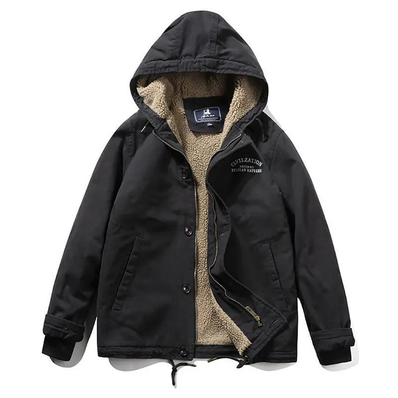 

New Autumn Winter plus Velvet Thi Cotton Jaet Hooded Zipper Closure Long Loose Fit Faion Urban Sle Printed ket