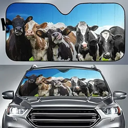 Funny Cows in Field Blue Sky Farm Animal Car Sunshade, Cow Auto Sunshade for Farmer Car, Gift for Cow Lover, Car Windshield Auto