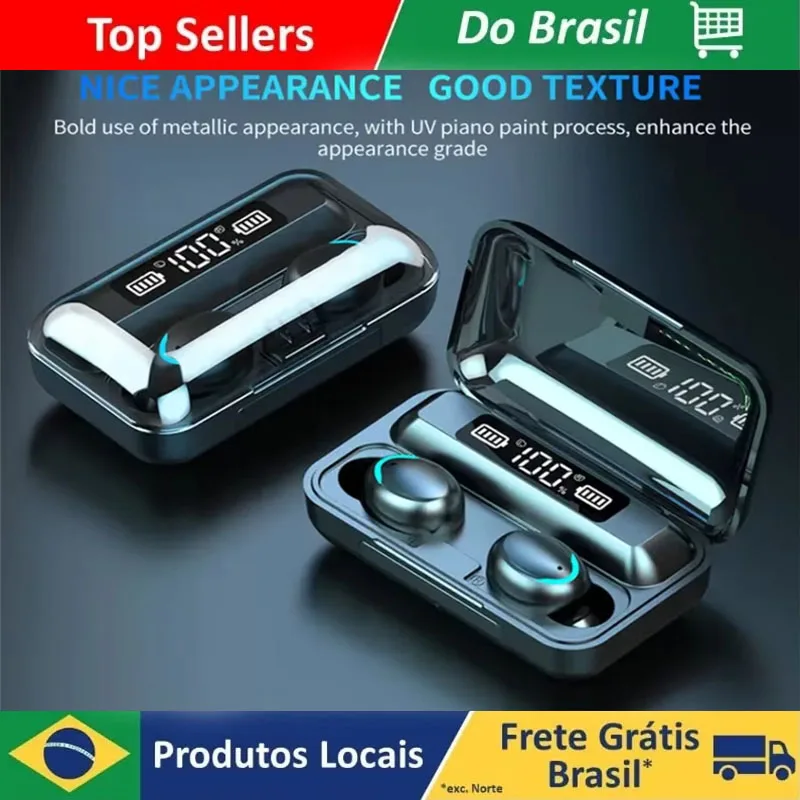Fones de Ouvido TWS F9 Bluetooth V5.0 Sem Fio com Microfone, Headsets Esportivos à Prova d'Água com Caixa de Carregamento