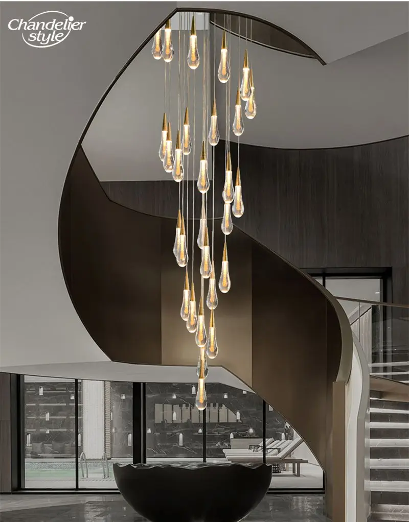 Luxury Crystal Chandeliers Mpdern LED Rain Water Drop Gold Pendant Hanging Lights Living Room Bedroom Staircase Dining Room Lamp