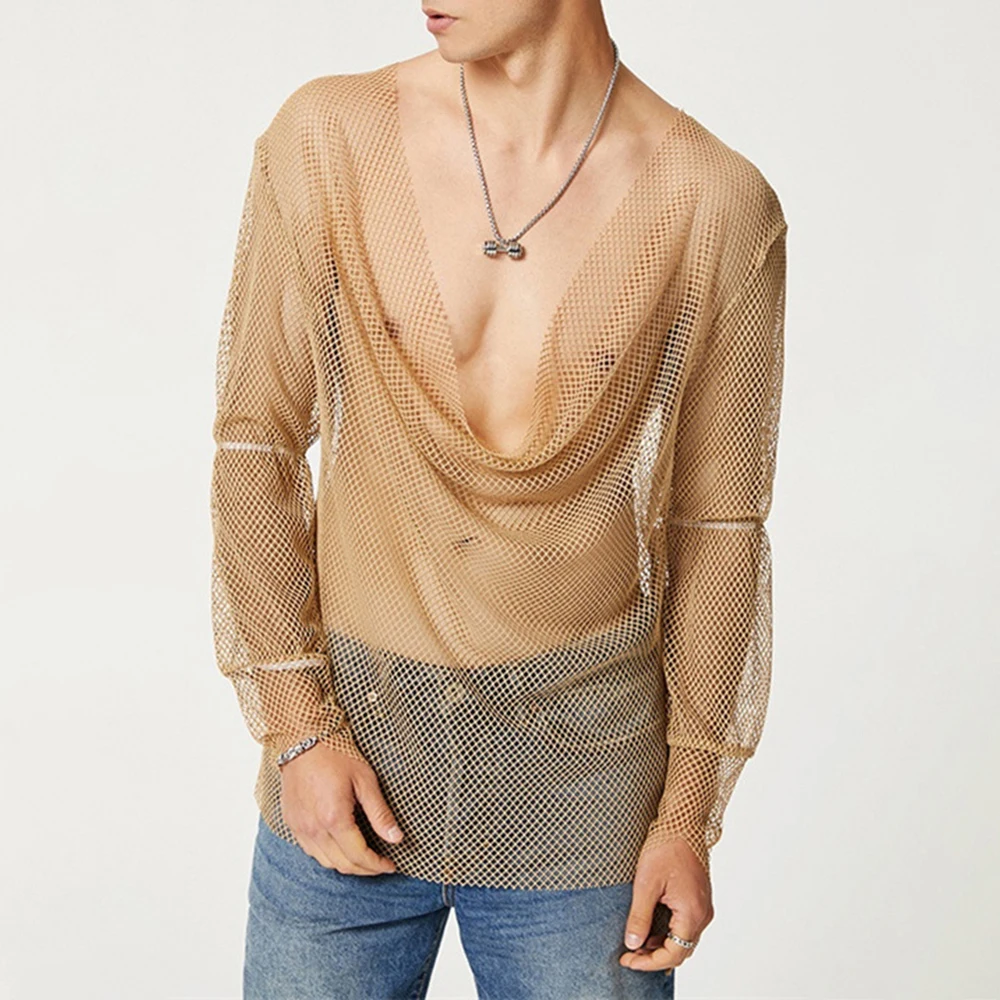 Mens Sexy See-Through Mesh Long-Sleeve Top 2024 New Genderless Nightclub Individuality Irregular Thin Low-Cut T-Shirt Unisex