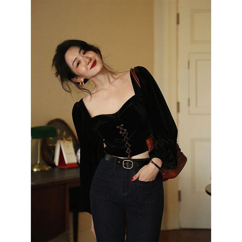 MEXZT Vintage Cropped Velvet Shirts Women Black Square Collar Bandage Blouses Office Ladies Elegant Long Sleeve Slim Tops New