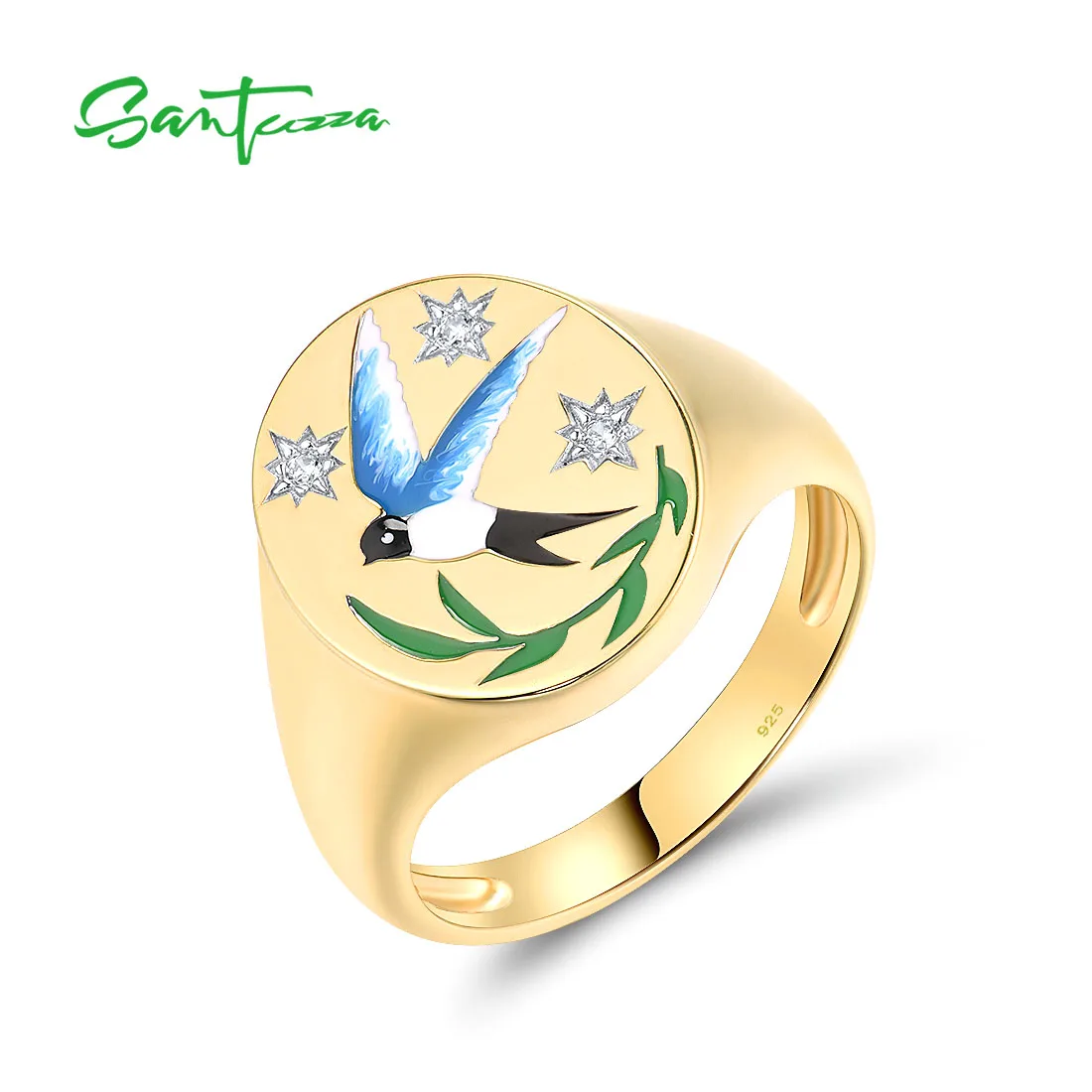 

SANTUZZA Pure 925 Sterling Silver Rings For Women Sparkling White CZ Enamel Bird Vintage Daily Wearing Chic Gifts Fine Jewelry