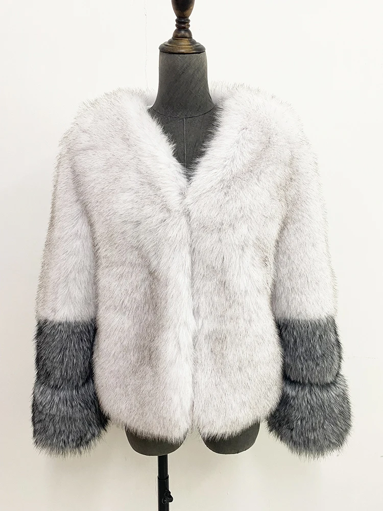 ZADORIN Luxury V-neck Silver Fox Sleeve Splicing Fluffy Jacket For Women Winter Furry Warm Faux Fur Coat Women Jackets Outerwear