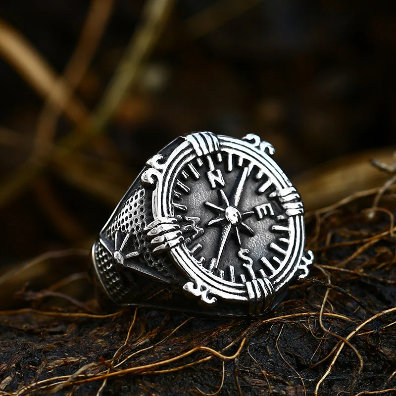 Beier 316L Stainless Steel Lychee Norse Viking Amulet Geometric Men Pirate Compass Cross Finger Ring Vintage Jewelry LR108