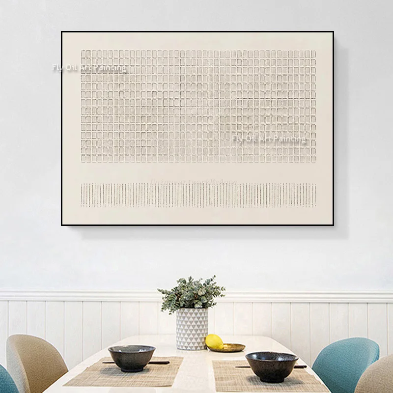 Cream Beige Grid Stroke Canvas, Hand‑Painted Impasto Oil Painting, Wabi‑Sabi Minimal Textured Horizontal Wall Decor