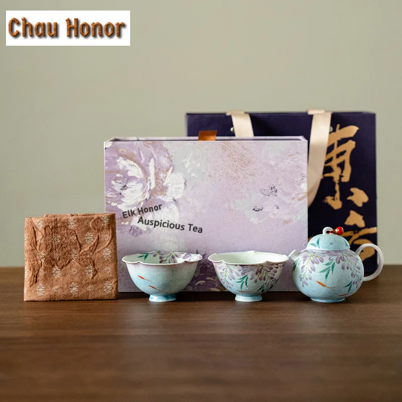 Wisteria Starry Sky Blue Round Belly Tea Set Complete Set Aesthetic Tea Ceremony Set Teapot and Tea Cup Set Cha Supplies Craft