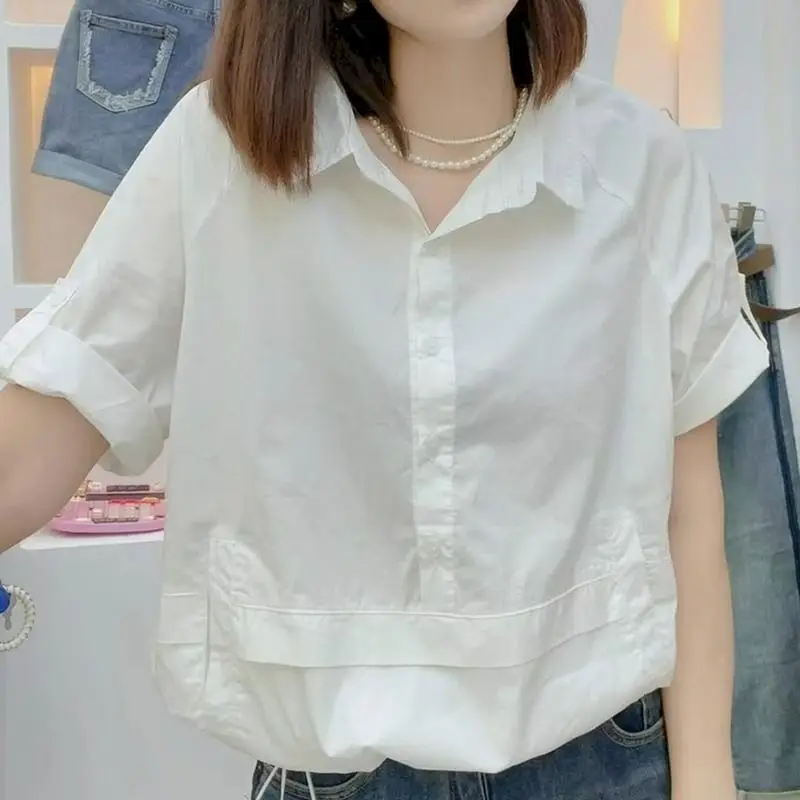 Polo Shirt Tshirt Women Short Sleeve Blouse Loose Oversized Slim Solid Color Lapel Casual Top 2024 Summer Trend Artistic Tshirts