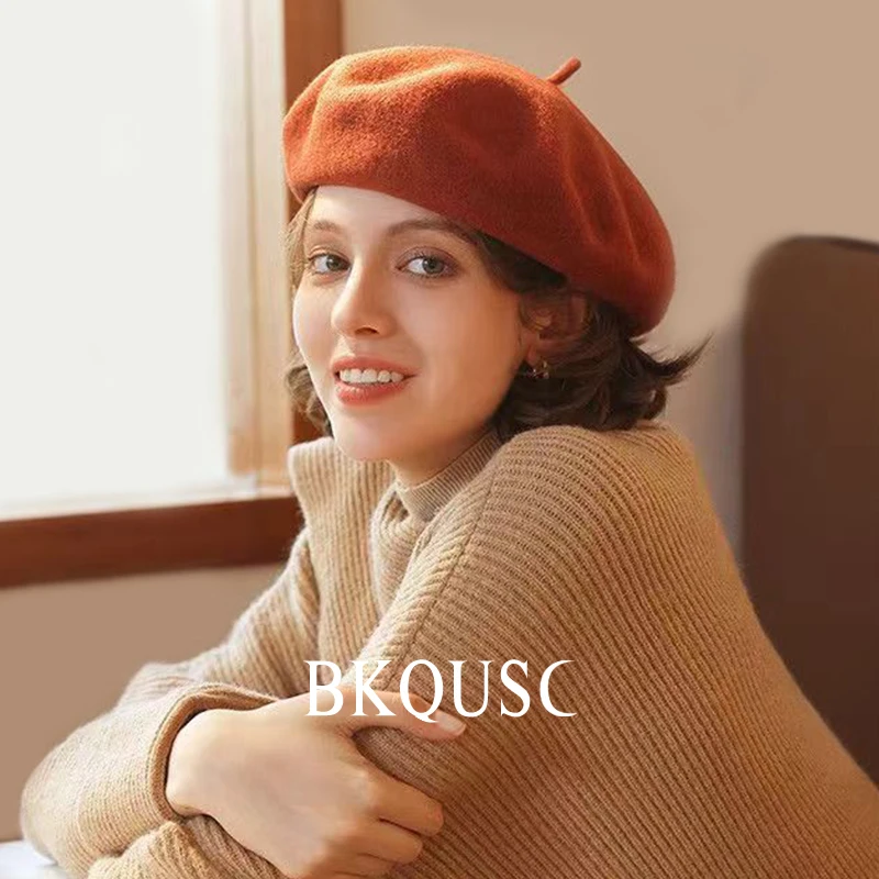 French Elegant Women\'s Wool Beret 55cm-58cm Female Solid Color Soft Wool Painter Hats Winter Warm Literary Beret Caps for Woman