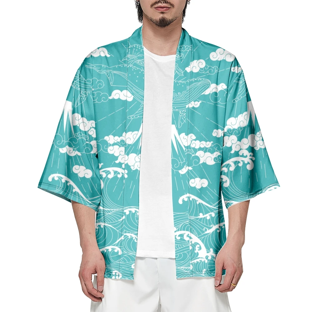 Summer Japanese Wave Print Kimono Streetwear Cardigan Women Men Oversized Haori Top Yukata Cosplay Costume