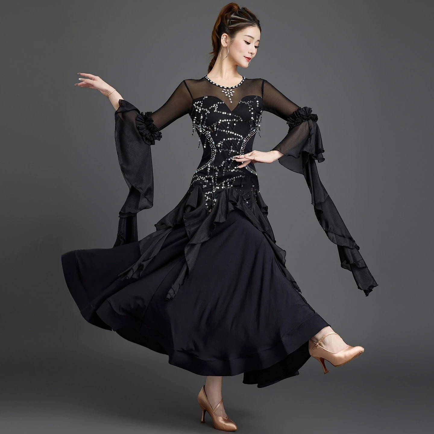 New Modern Dance Dress For Competition Performance Standard Waltz Ballroom Dance Dress Flowy Sequin Bell Sleeves Long Dress view 4