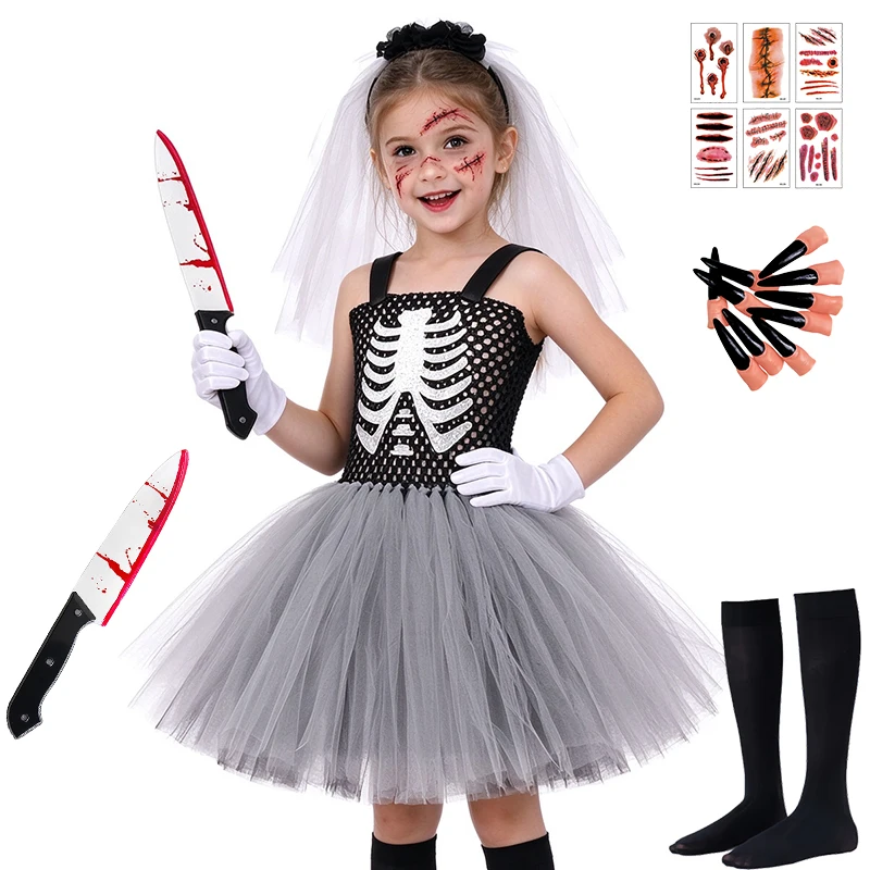 Girls Zombie Skeleton Bride Halloween Cosplay Costume Kids Spooky Corpse Bride Tutu Dress Carnival Horror Party Kids Clothes