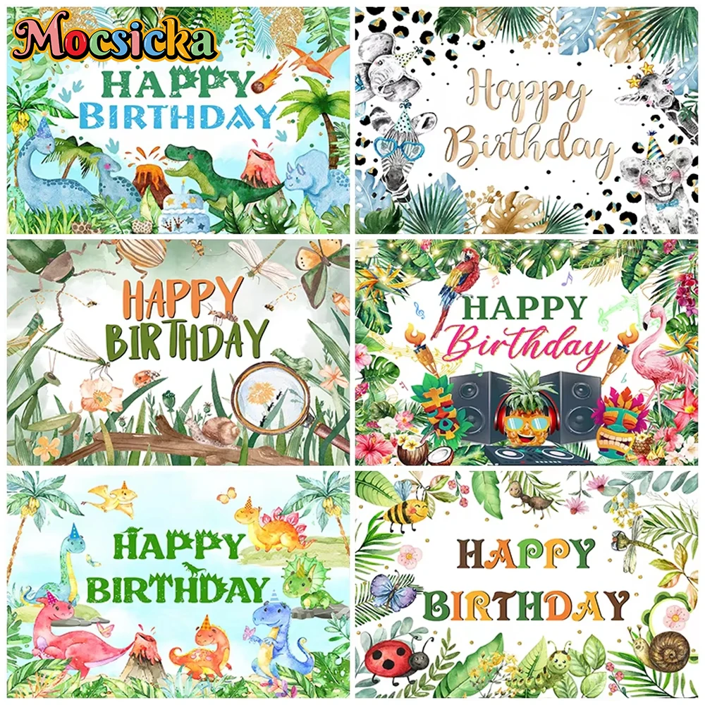 

Mocsicka Happy Birthday Background Forest Green Leaf Wildlife Party Decor Kid Baby Shower Photo Backdrop Photography Prop Studio
