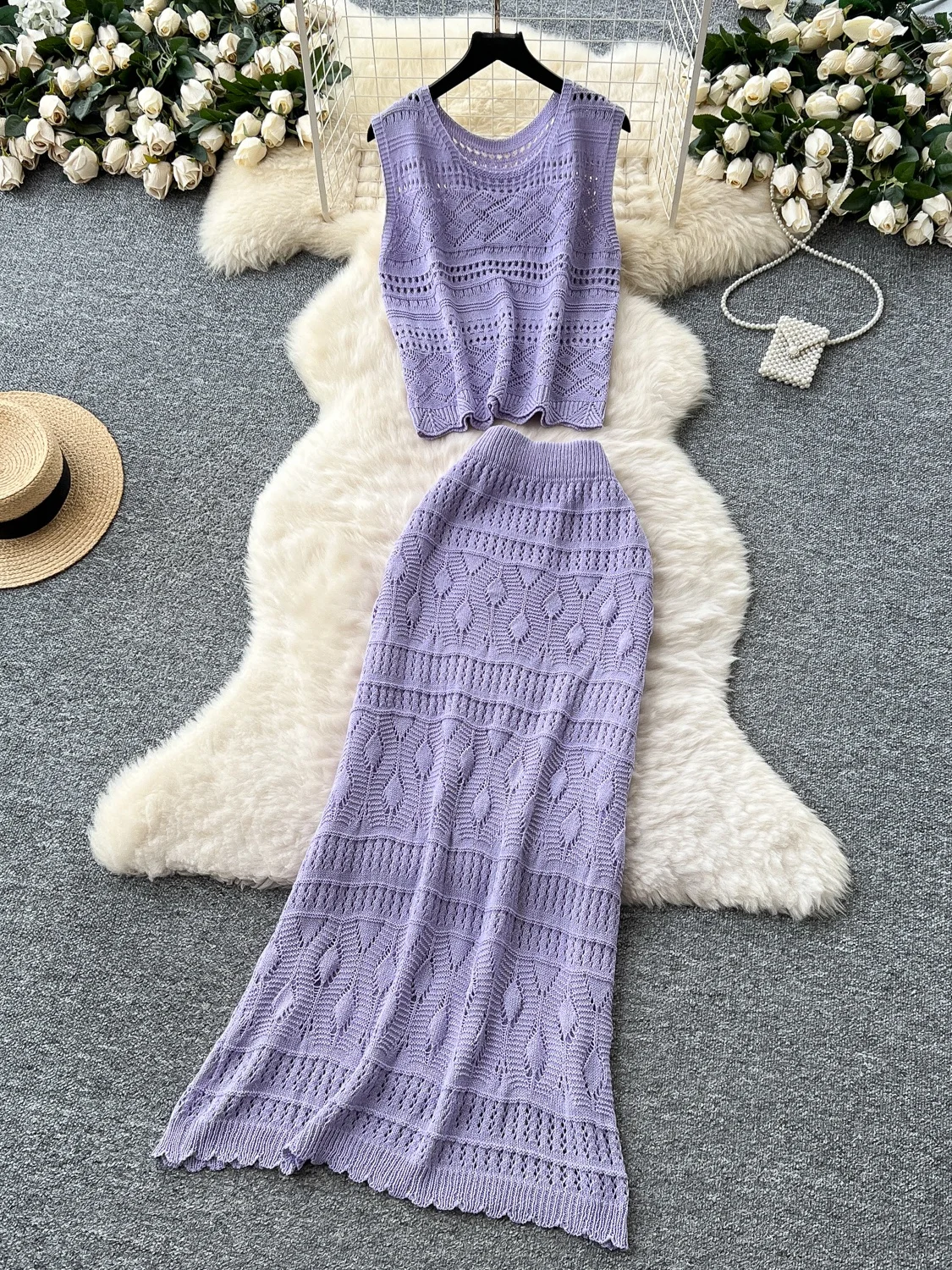 

Korean Sweet Anti-Aging Hollow out Knitted Top High Waist Tight Fit Bodycon Skirt Summer Faion Set Women's Clothing