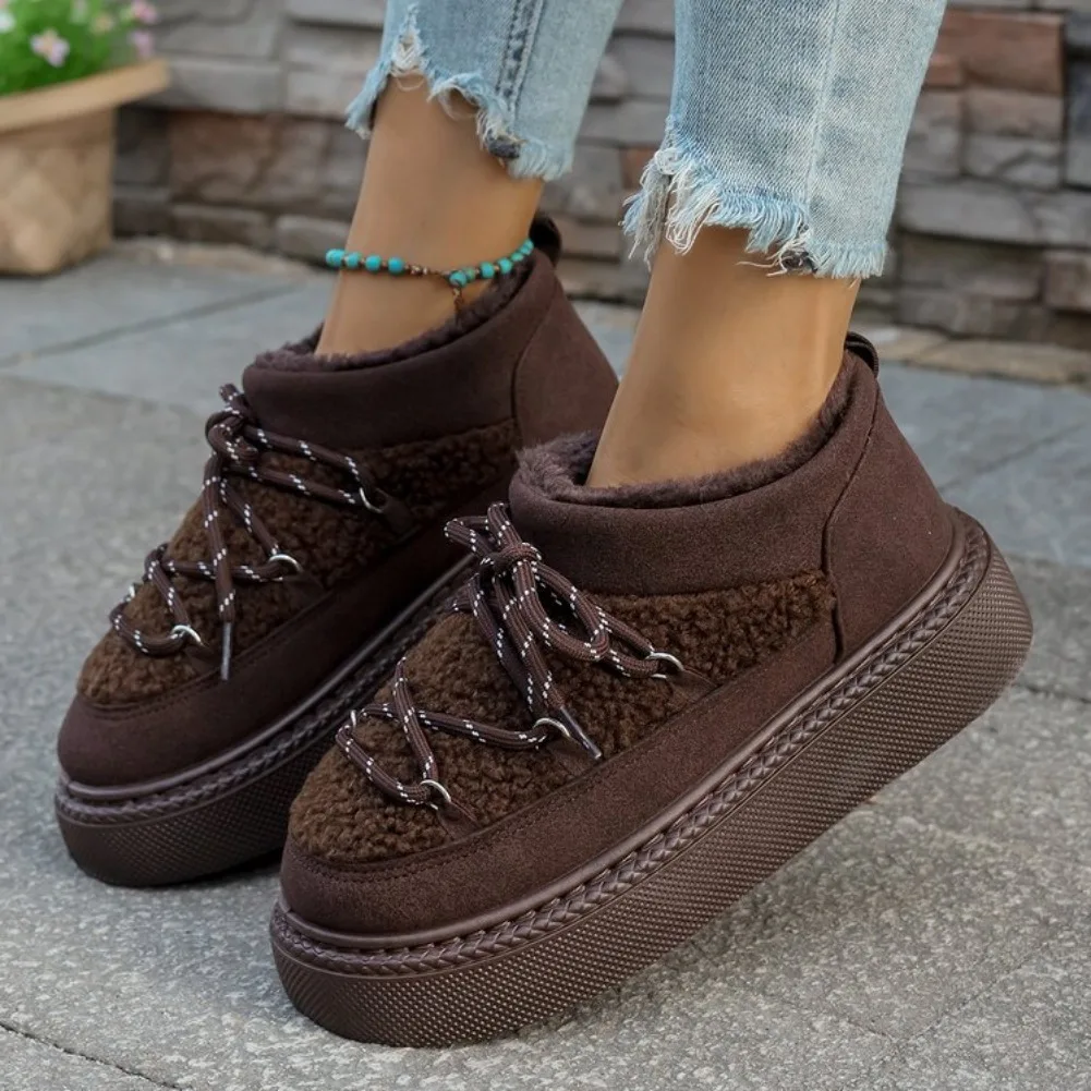 

Women's Round Short Boots Toe Spliced Plush Lace-Up Front Platform Anti-Slip Wear-Resistant Cotton Boots 2025 Winter Snow Boots