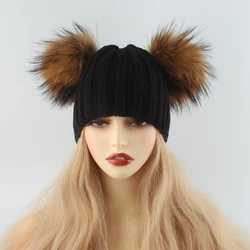 NEW Warm Knitted Hat For Women Winter Double Real Raccoon Fur Pom Pom Hats Cute Girls Beanies Skullies Outdoor Female Cap