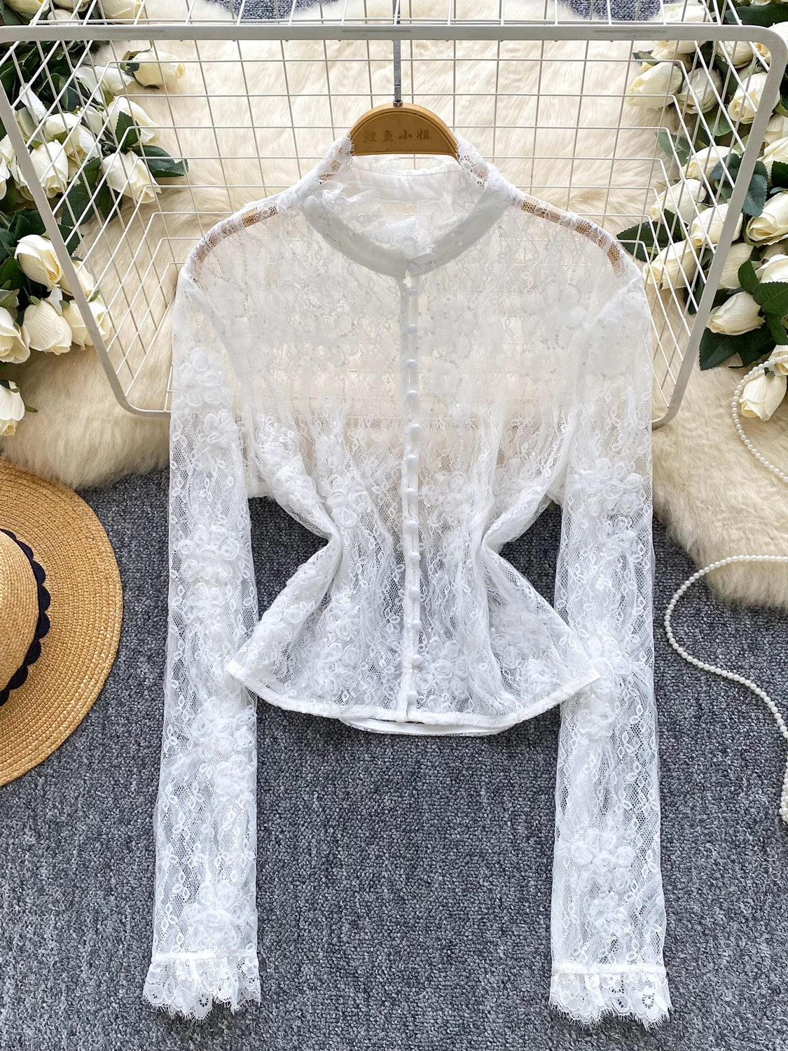

2026 New Autumn Women Stand Collar Long Sleeve Shirt Hollow Out Crochet Embroidery Lace Pearl Single Breasted Shirt Tops