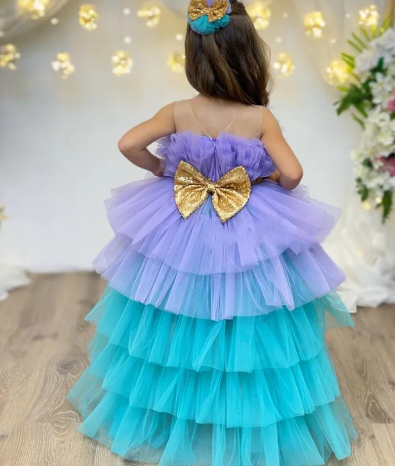 Fashion Lilac Aqua Flower Girl Dresses Sequin Bow Tulle Feather Wedding Birthday Party Dress Child Kids Pageant Tiered Ball Gown