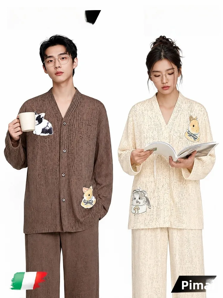 PinkBread Couples Long Sleeve Cotton Pajamas Autumn Winter Home Clothes Women's Style Soft Cotton V-neck Home Clothes