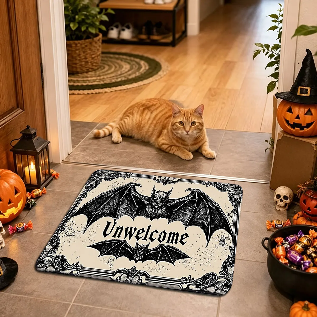 1pc Faux cashmere doormat vintage bat Unwelcome print non‑slip floor mat front entrance hall Halloween home decoration