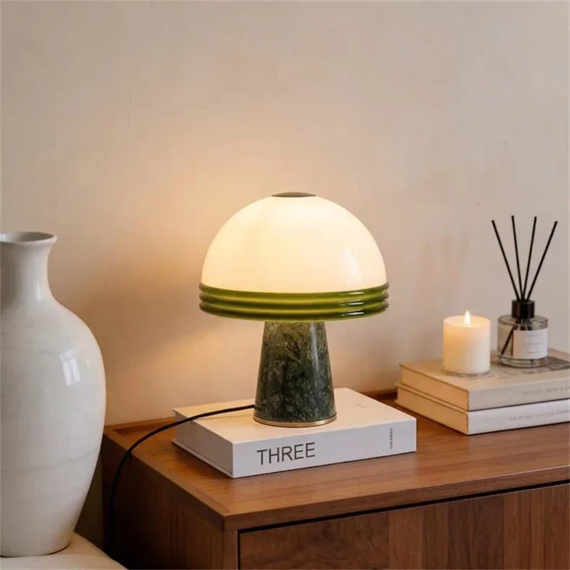 Modern Natural Green Marble LED Desk Lamp Glass Lampshade Plug Adapter For Home Decor Bedroom Foyer Hotel Table Light