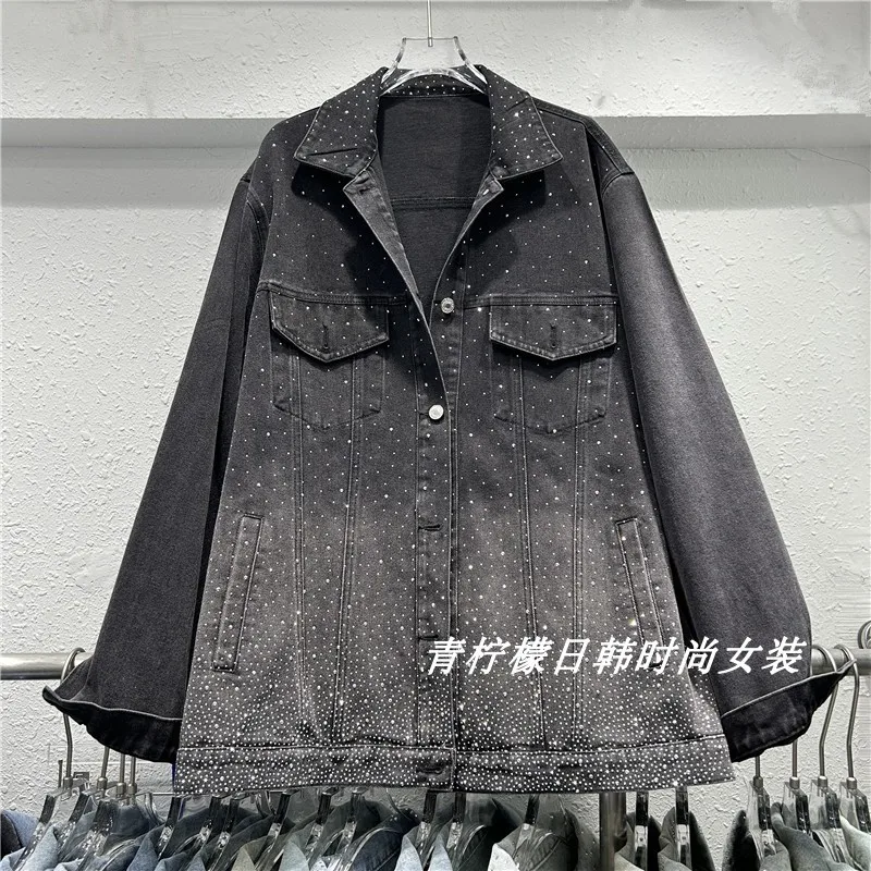 Vintage Washed Black Denim Jacket Spring New Women Fashion Diamond Loose Casual Lapel Long Sleeve Jeans Jacket Coat Streetwear