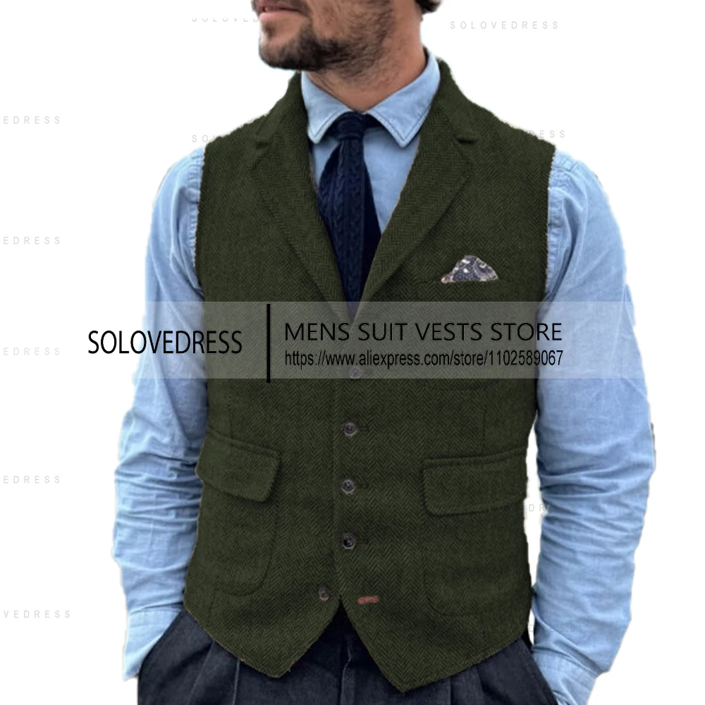 Lapel Neck  Men's Suit Vest Herringbone Tweed Waistcoat  With 3 Pockets Business Formal Waistcoat  Groomsmen For Wedding