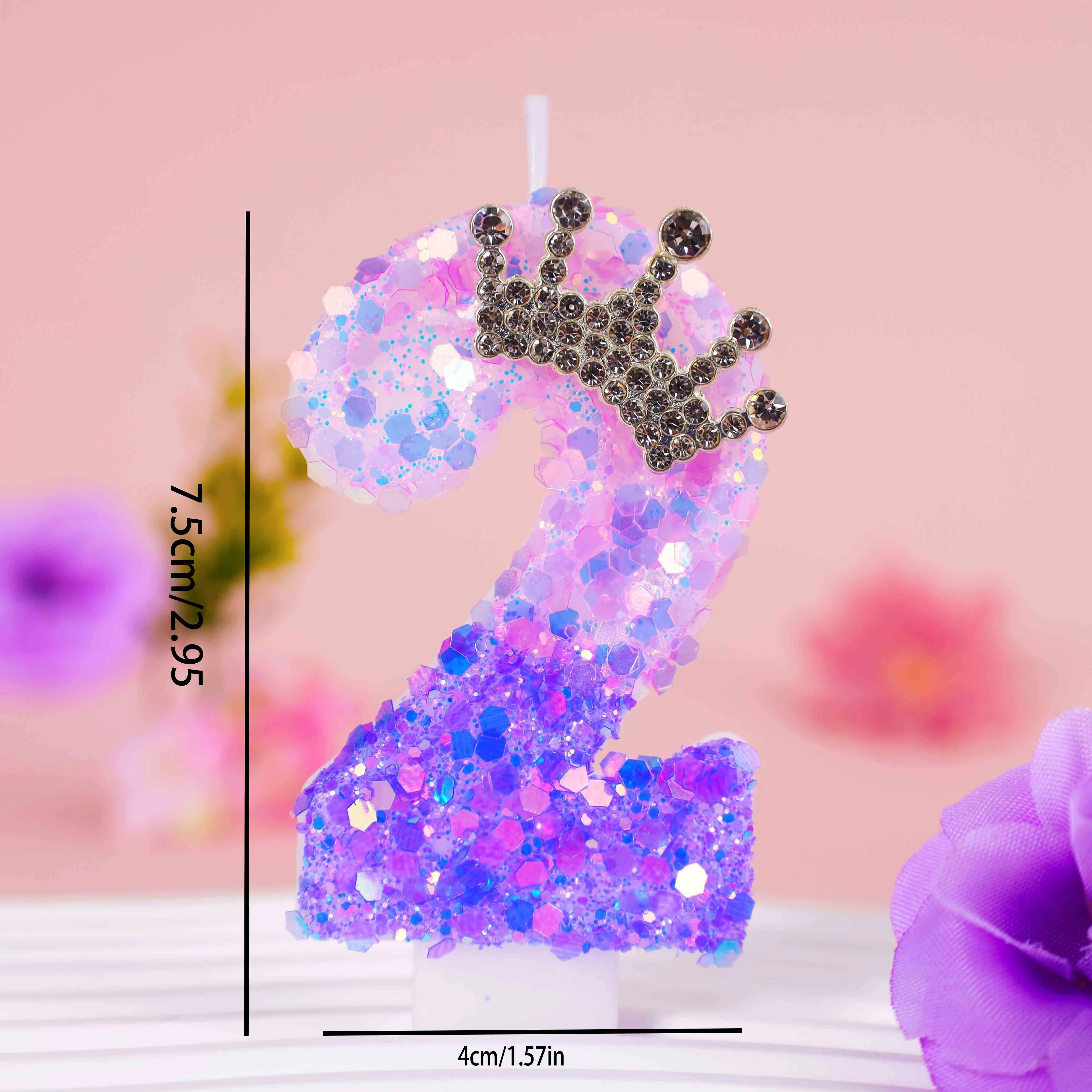 0-9 Lila & Rosa Ombre Glitzer-Kronen-Zahlen-Geburtstagskerze, Prinzessinnen-Stil Funkelnder Kuchenaufsatz für Mädchen 1./2./3. Geburtstag – Detail 3