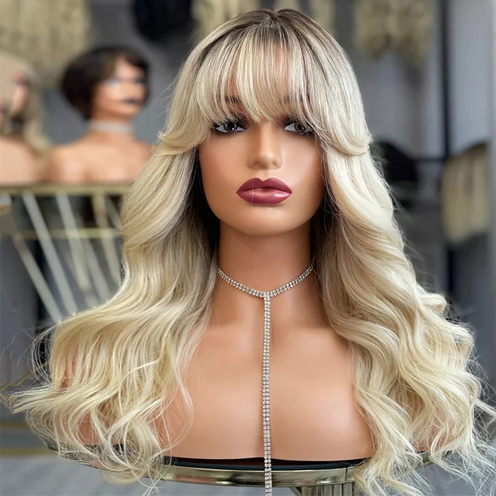 New In Bangs Wig Human Hair Wigs for Woman Natural Look Platinum Blonde Melted Roots Glueless HD Lace Front Wig with Fringe