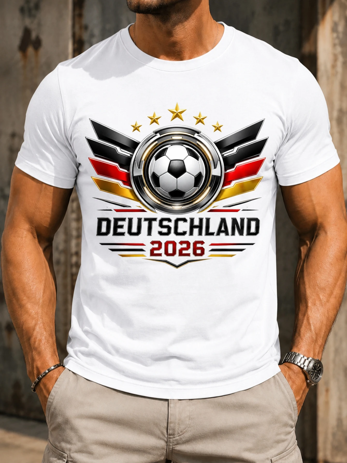 Deutschland 2026 Fußball Metallic-Ball im Kreis mit Flügelstreifen und Goldsternen – Fußball-Pride Unisex T-Shirt