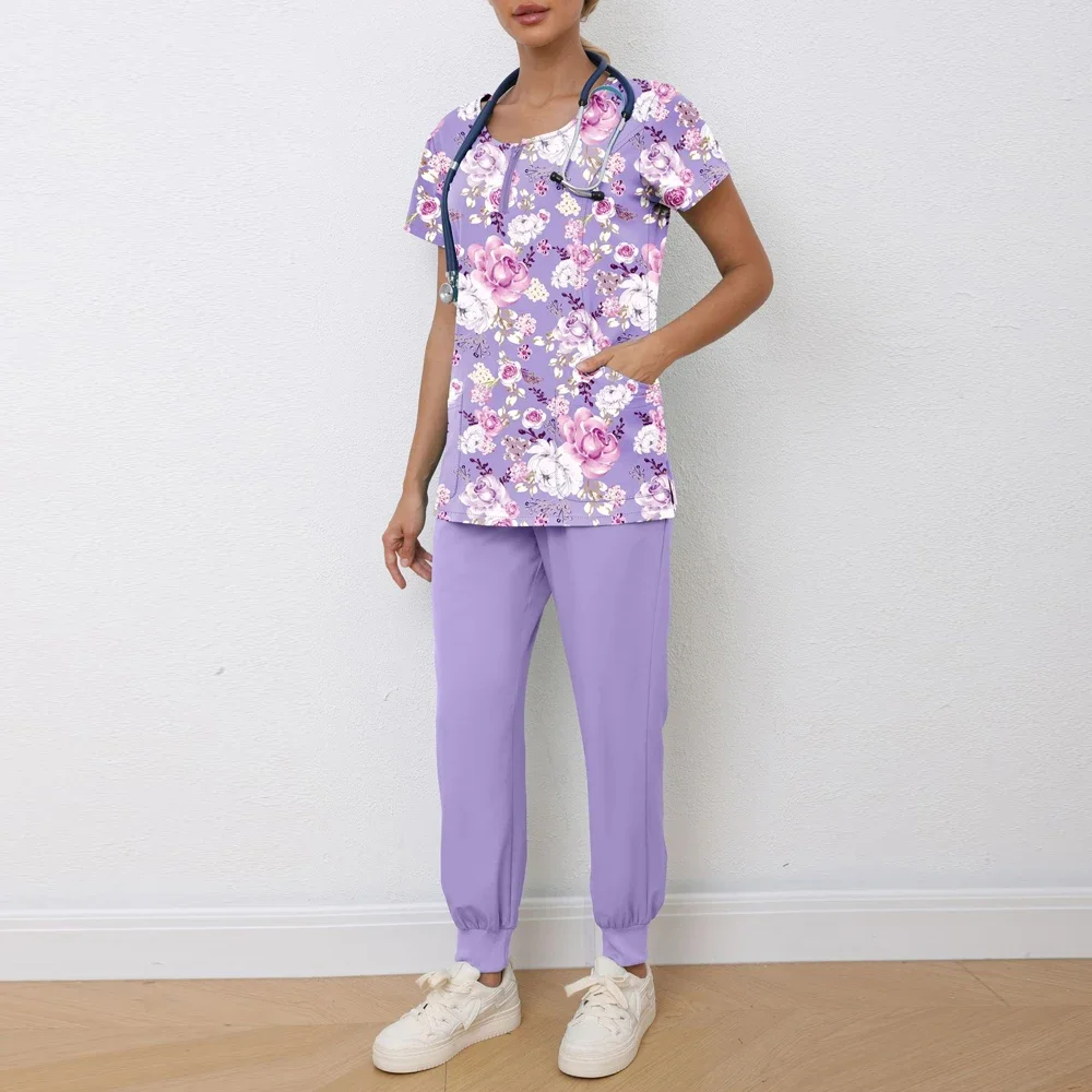 جراحة طبيب الأسنان عن طريق الفم المرأة سبليت غسل اليد مجموعة تمتد التجفيف السريع المطبوعة فستان ممرضة الإكسسوارات الطبية فرك النساء