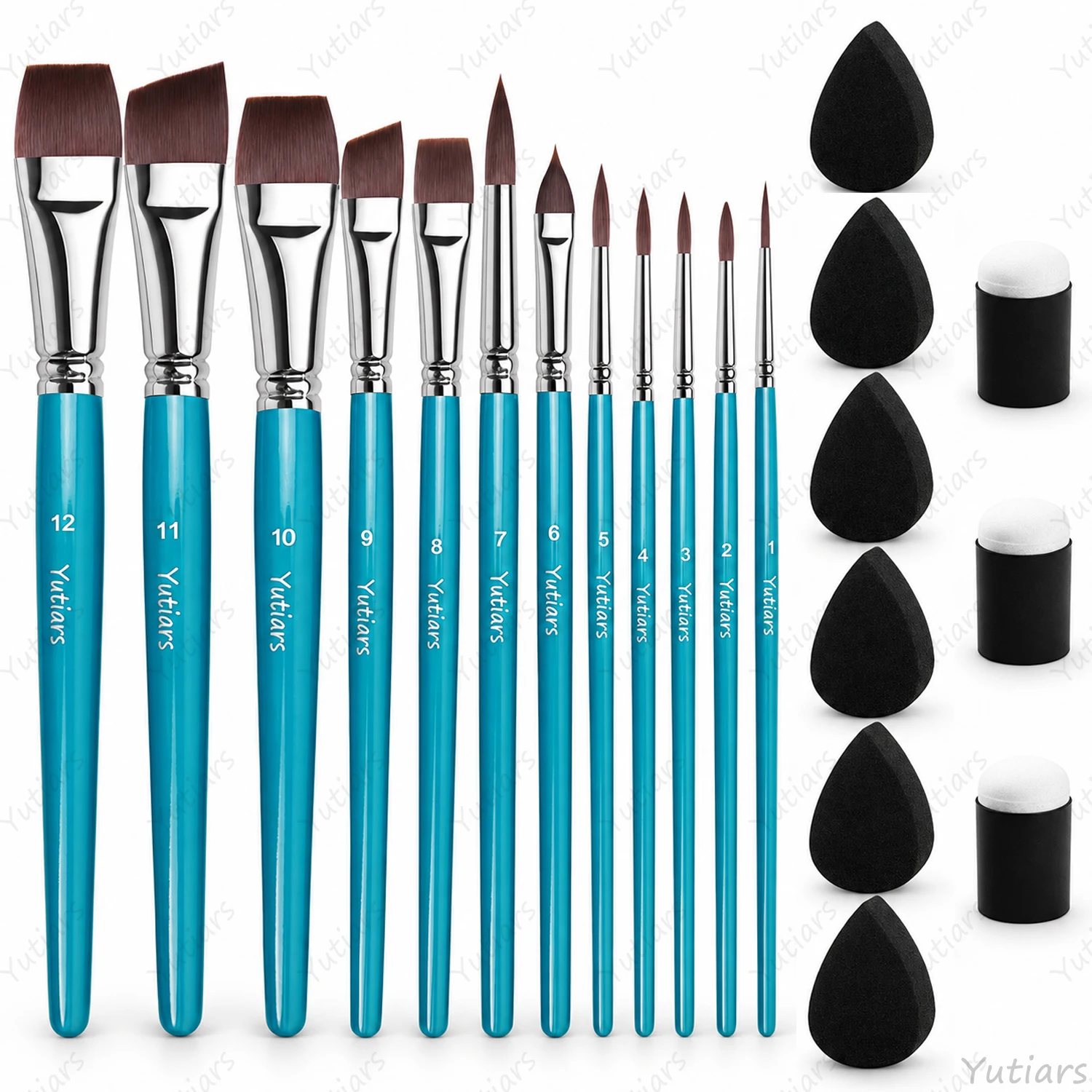 12PCS Paint Brush Set with 6 Makeup Sponges and 3 Thumb Sponge Daubers for Face Body Painting Acrylic Watercolor Art Crafts