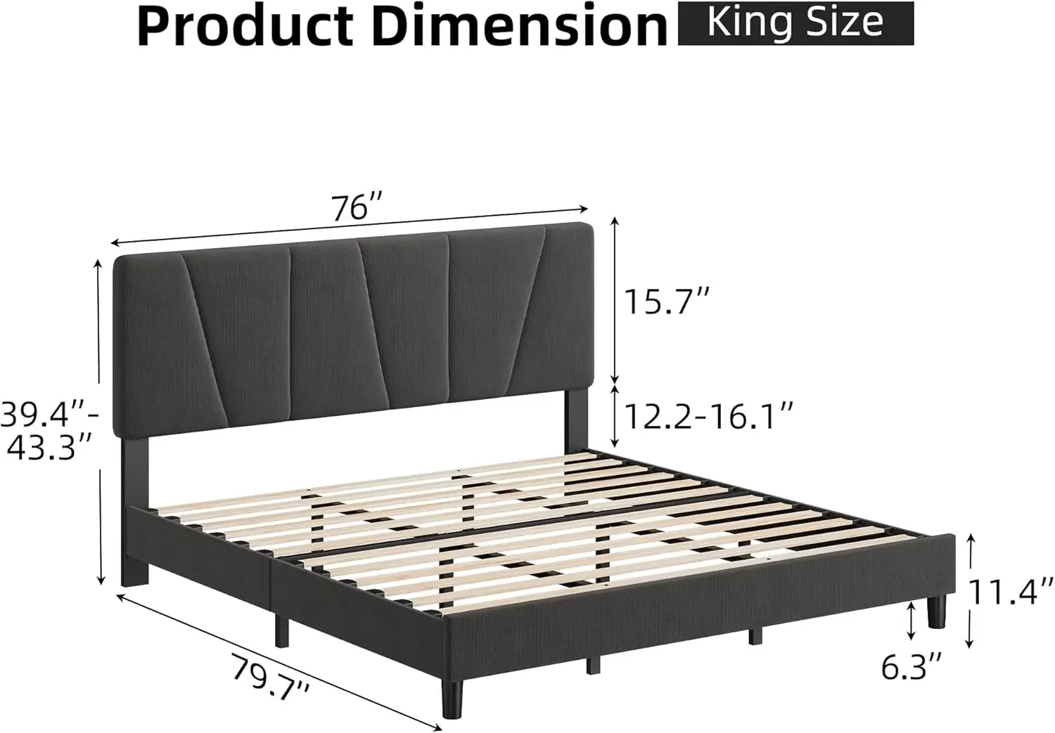 King Bed Frame with Headboard,Linen Upholstered Platform Bed with Adjustable Diagonal Channel Tufted Headboard, Mattr