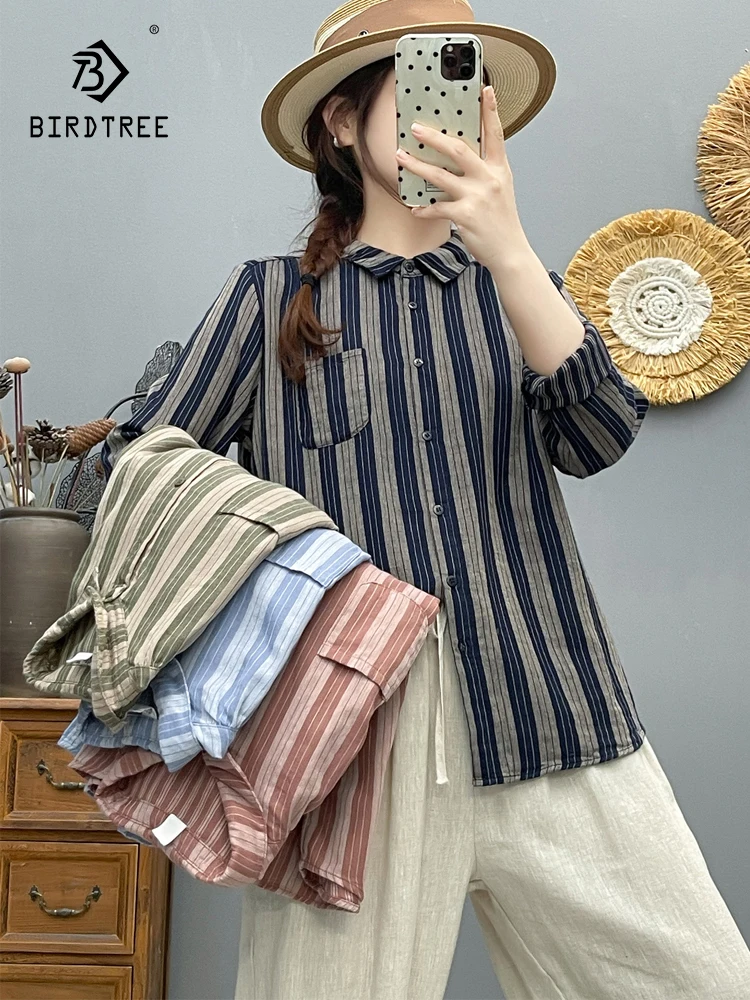 

New 2025 Autumn Cotton Yarn Long Sleeve Shirt, Women Turn-down Collar Striped, Mori Girl Retro Commute Loose Blouse T59049CC