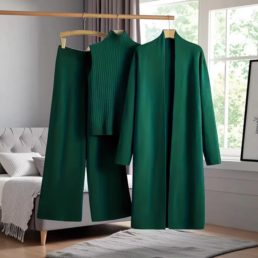 Women Cardigan 3 Piece Set Knit Sweater Coat Vest Wide Leg Pants Suit Knitted Trousers Ensemble Autumn Winter Office Lady 2026
