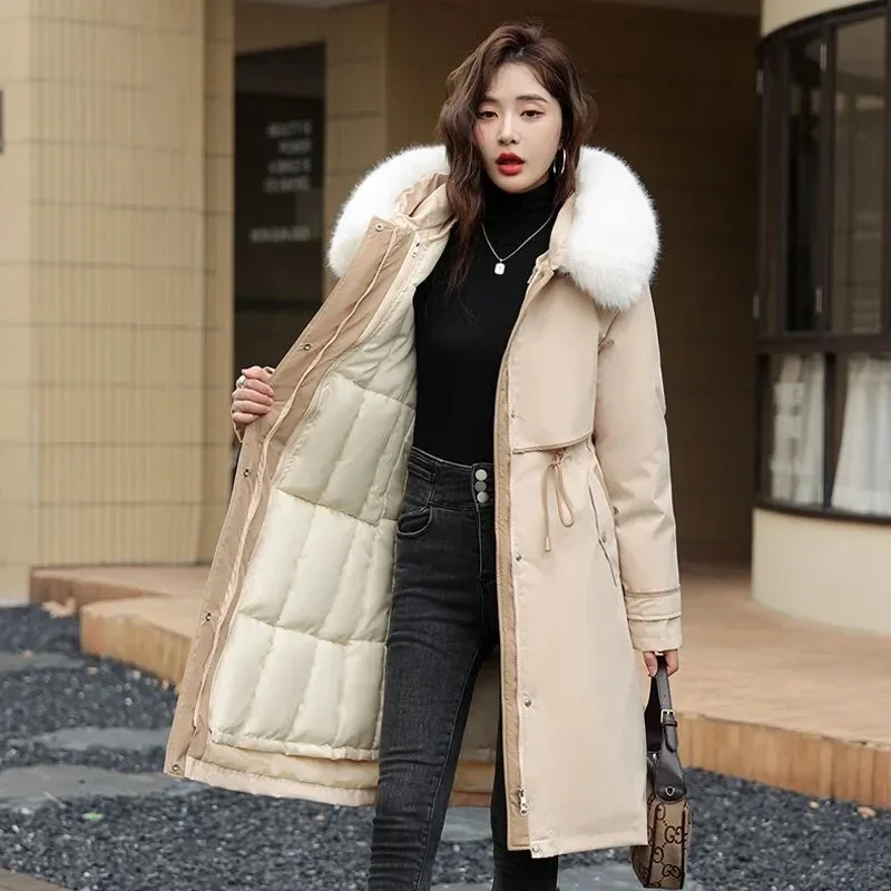 parka jacket the female  live face liner detachable trench coat Korean version of the long thickened waist cotton-padded coat