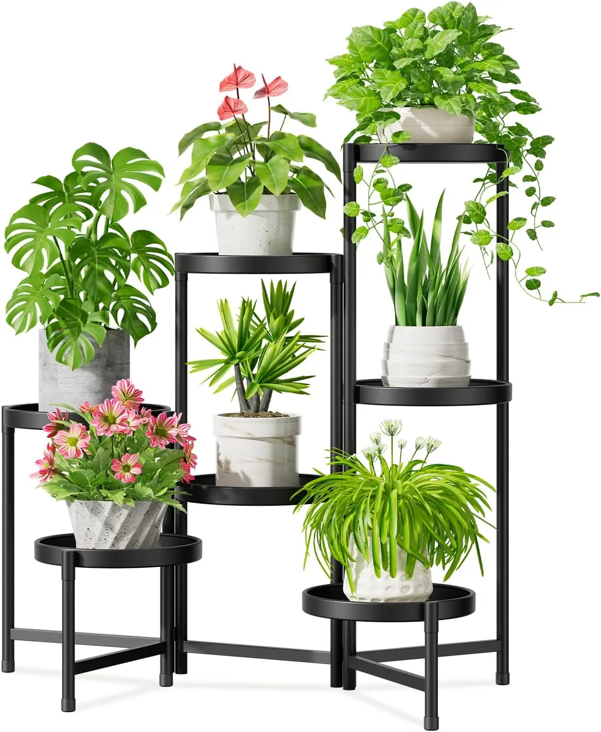 

7-Tier Plant Stand Indoor with 10-Inch Trays, Folding Corner Shelf for Patio Living Room, Black