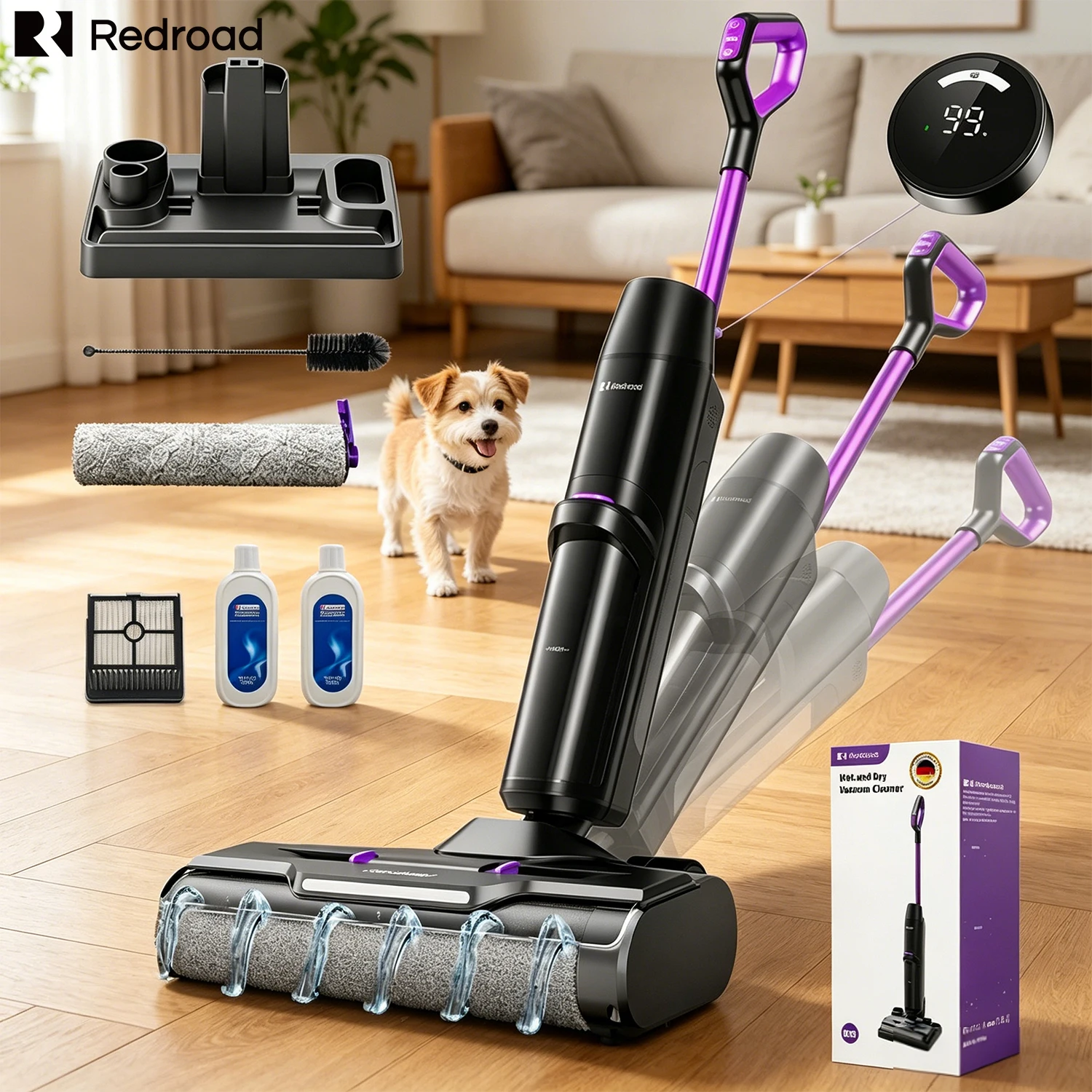 Intelligenter 3-in-1 Kabelloser Nass-Trocken-Staubsauger Redroad H15 Drahtloser Bodenwischer Selbstreinigend Geräuscharm 65dB Kantenreinigung für Hartböden Tierhaare
