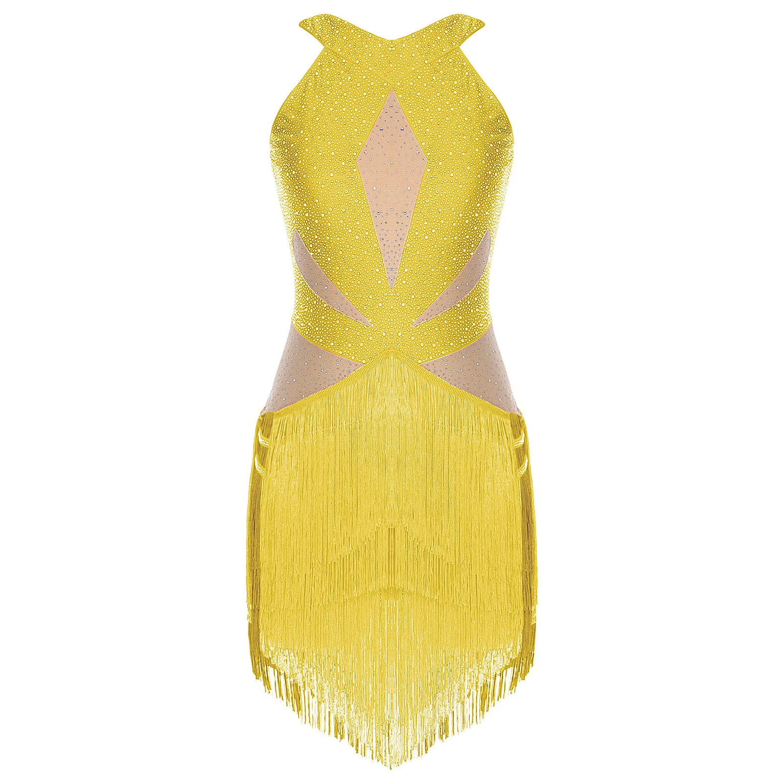 

Women Latin Dance Costume Jazz Tango Leotard Dresses Allover Rhinestones Tiered Tassel Contrast Color Bodysuit for Cha-cha