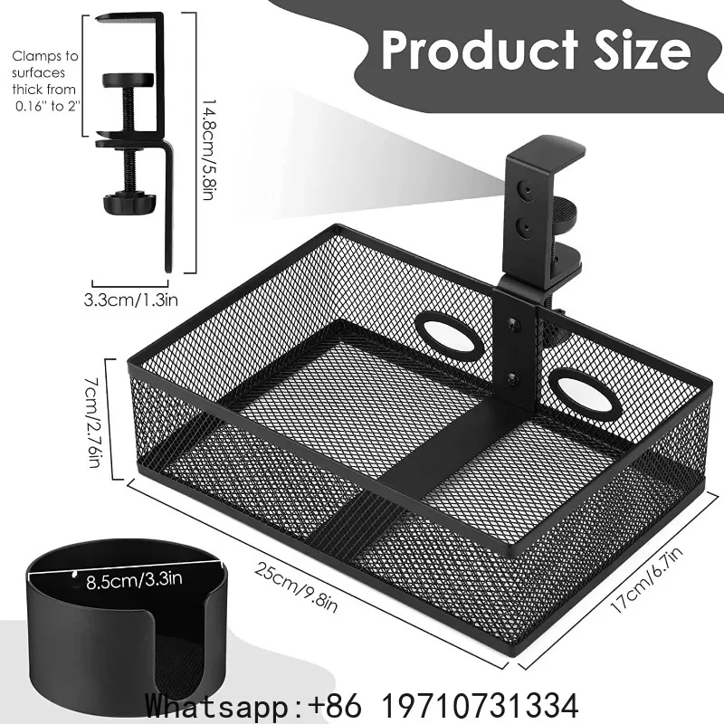 360° Rotary Under Desk Drawer With Cup Holder, 2 in 1 Anti-Spill Cup Holder & Storage Rack, Punch Free Metal Storage Box