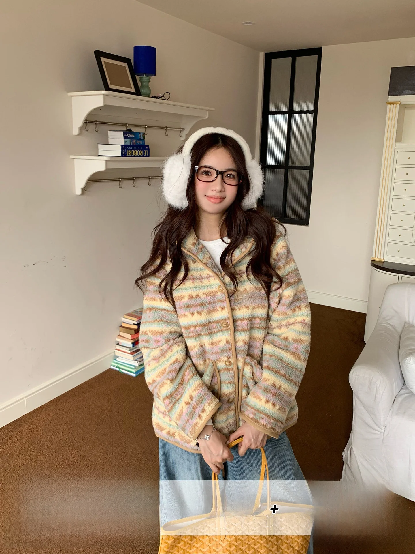 

Теплая хлопковая куртка с мехом ягненка, женское зимнее пальто, оранжевый цвет, американский вязаный воротник Fair Isle, на молнии, свободный крой, полиэстер