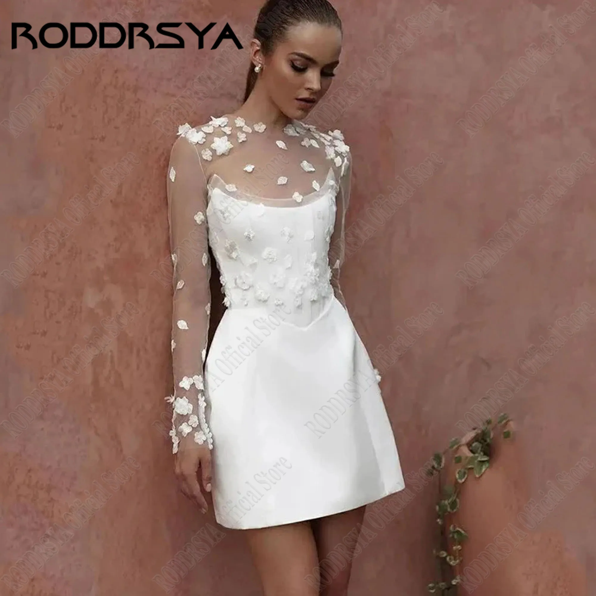 

RODDRSYA Mini O-Neck Wedding Dresses 2024 A-Line Long Sleeves Satin Illusion Bride Party Gown Above Knee Vestidos De Novia