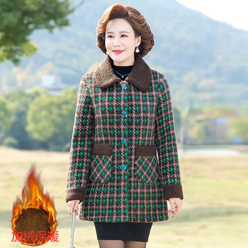 

Middle Aged Mother Autumn Winter Jacket Plush Thick Plaid Woolen Coat High End Women Imitation Mink Velvet Overcoat Warm Parkas