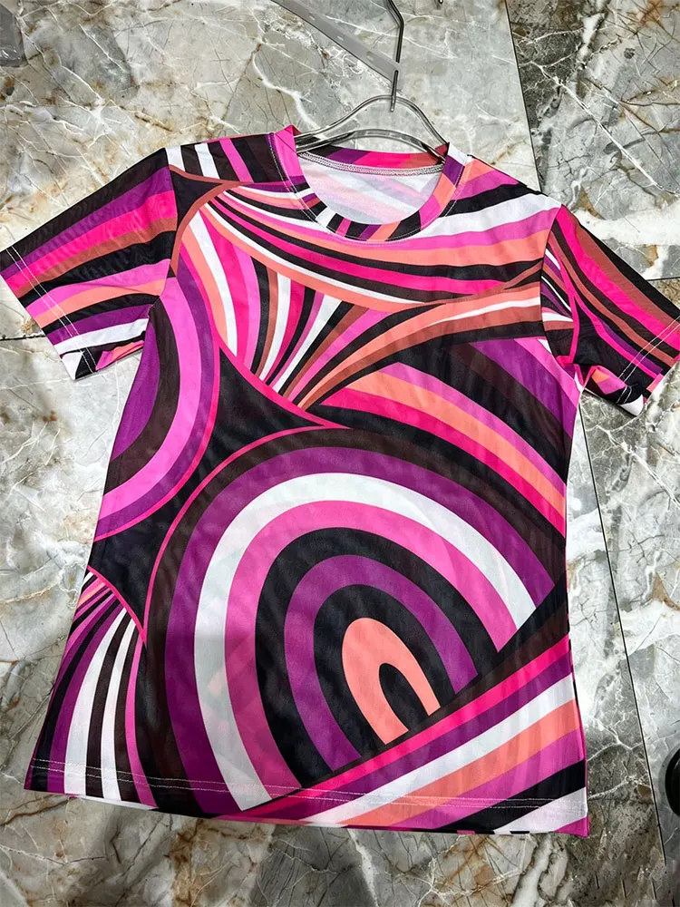 2026 Geometric Printing Mesh Perspective Elastic T-Shirt Summer New Round Neck Shorts Sleeve Fashion Joker Temperament Blouse