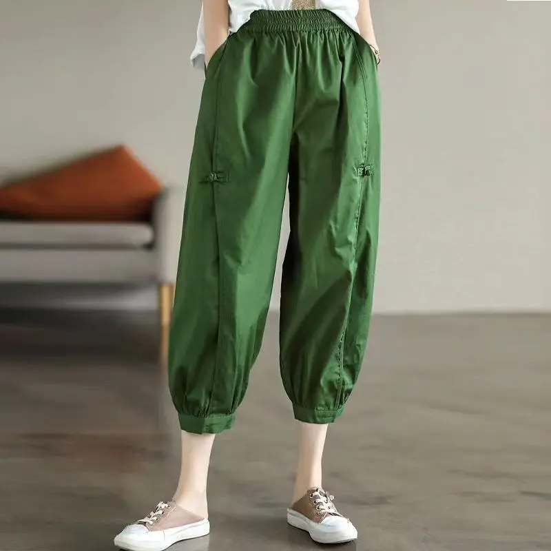 Cotton Seven Points Fashion Bloomers Trousers for Women Summer Thin Elastic High Waist Solid Color Pockets Casual Harem Pants