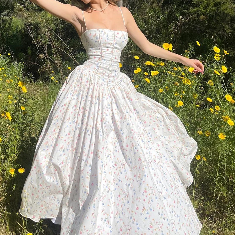 OMSJ-Robe longue à imprimé floral, épaules nues, dos nu, taille haute, bretelles, maxi, décontractée