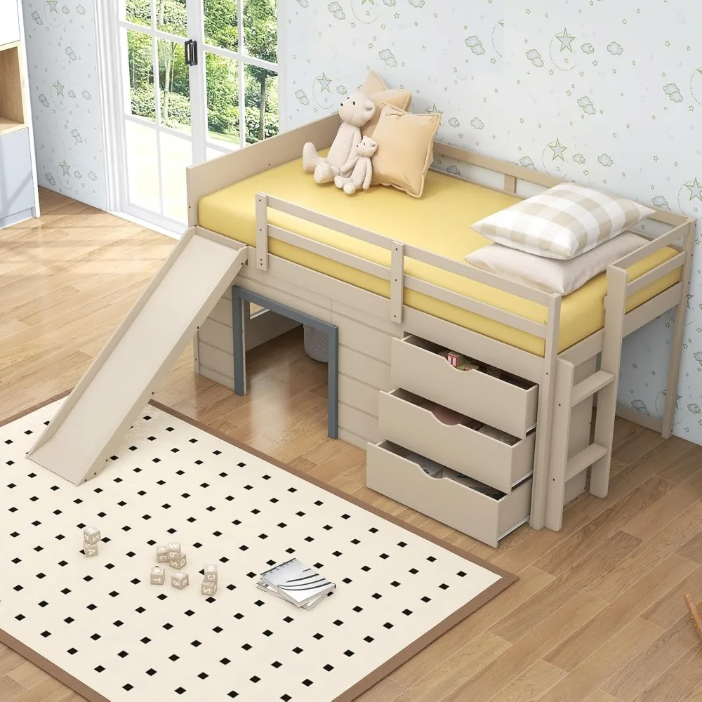 

Twin Low Loft Bed with Slide, 3 Storage Drawers and Bottom Game Space, Children Beds