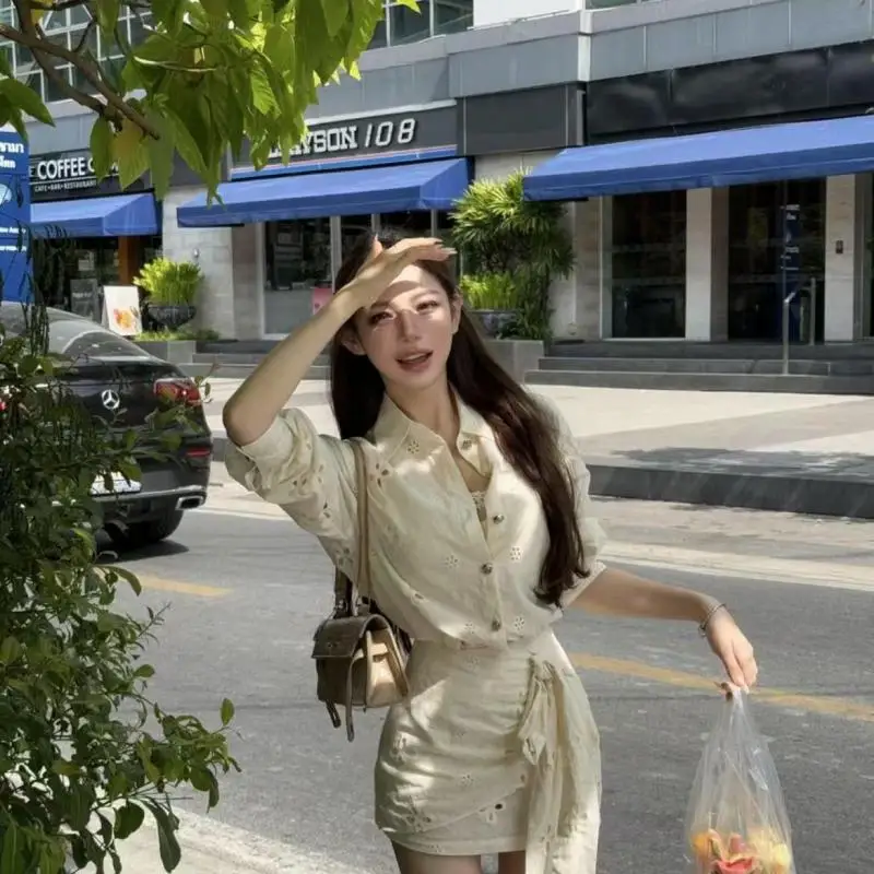 

Elegant Women's Outfits 2024 Summer New Flower Lace Hollow Embroidered Breathable Top+all-match A-line Skirt Two Piece Sets