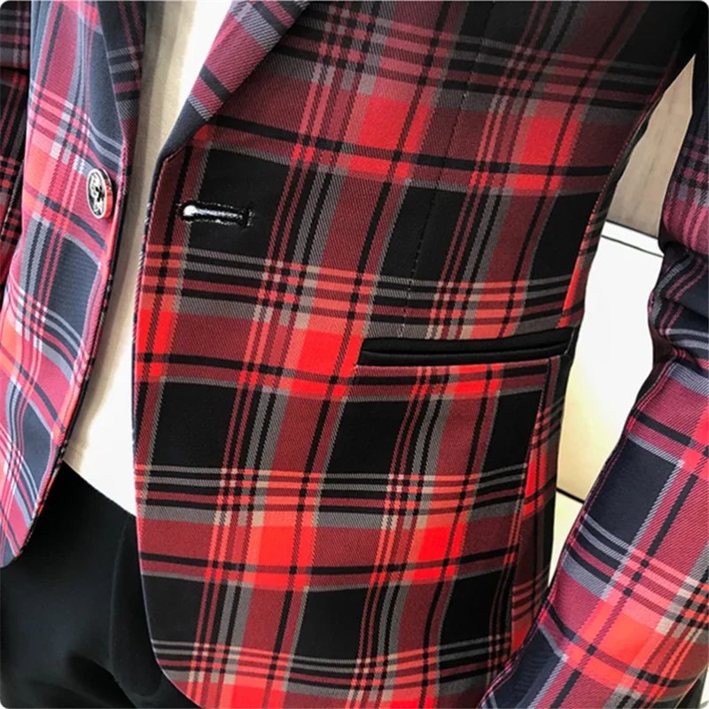 New Colorblock Plaid Suit Jackets Men Slim Casual Man Blazers Wedding Business Party Clothing Dress Coats