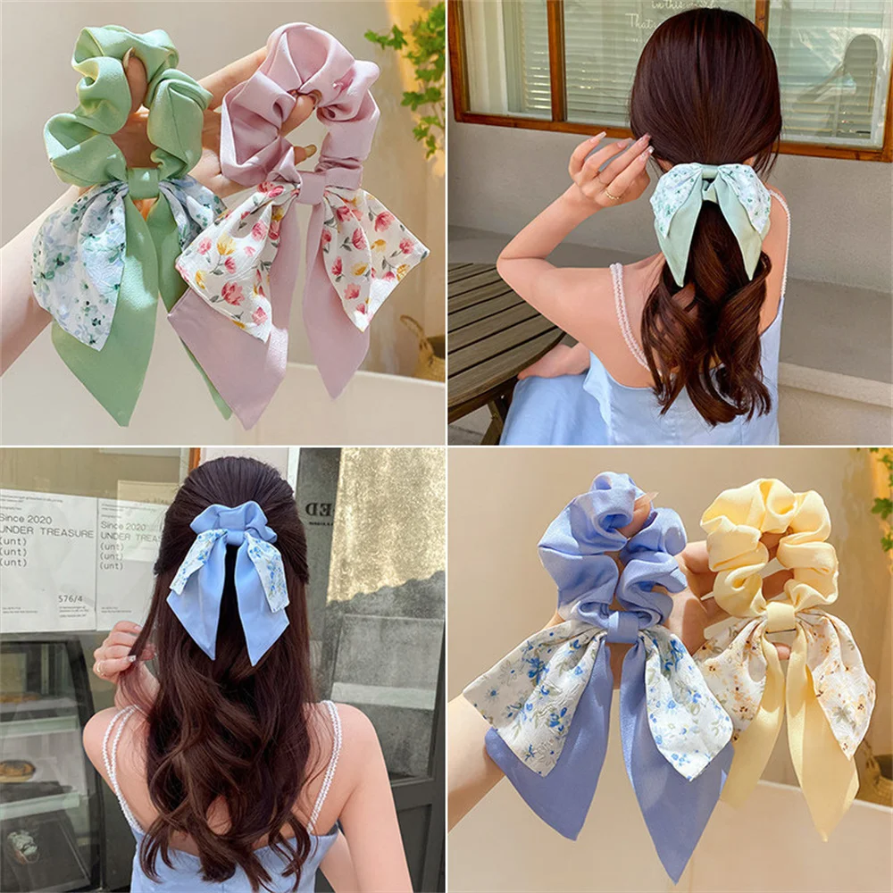 Fashion Floral Bowknot Scrunchies Long Ribbon Ponytail Scarf Hair Tie Women Girls Elastic Hair Bands Hair Accessories